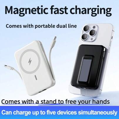 10000mAh Mini Magnetic Fast Charging Power Bank With Digital Screen LED Power Display, 2 Built-In Charging Cables, Built-In Stand Magnetic Power Bank, USB-C Portable Charger, Can Charge 5 Devices Simultaneously, Suitable For IPhone 16/15/14/13/Pro/Mini/Pro Max, Suitable For Android, Comes With Stand, Built-In Stand Magnetic Power Bank, Travel Essentials, Perfect Gift Suitable For Summer Holiday Outdoor Travel/Camping And Hand Free Emergency Backup Mobile Power Supply Gifts For Family, Friends, Birthday Magnetic Wireless