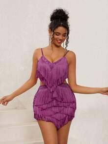 NIKBK Mono de mujer decorado con rhinestones, escote en V profundo, estilo halter, abertura en la cintura, decoración con rhinestones, vestido corto ajustado para fiesta y club - Morado - Ver 3