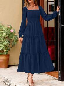 PRETTYGARDEN Women Elegant  Maxi Dresses For Fall Boho Long Sleeve Smocked A Line Ruffle  Wedding Guest Holiday Party Long Dress With Pockets New Years Valentine Vacation Spring Dresses For Women Vestidos Elegantes De Mujer - 藏蓝色 - 查看 5