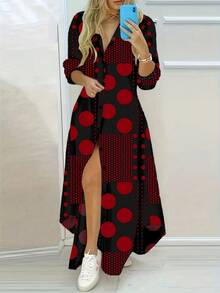 Retro Polka Dot Long Sleeve Shirt Dress - Button Details, Machine Washable & Dry Cleanable - Ideal For Spring/Summer/Autumn, Casual Contrast Color Button Polka Dot Dress
