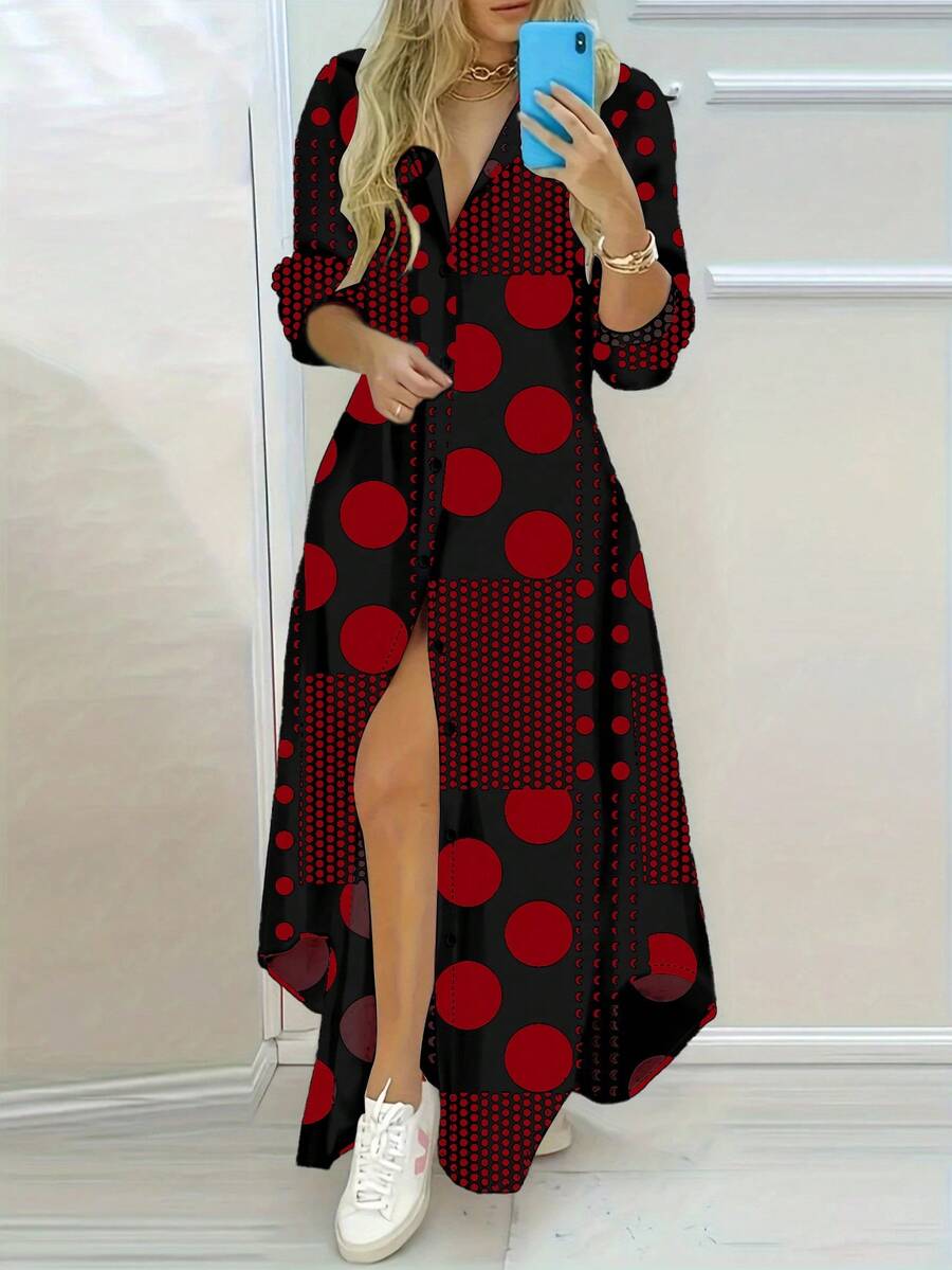 Retro Polka Dot Long Sleeve Shirt Dress - Button Details, Machine Washable & Dry Cleanable - Ideal For Spring/Summer/Autumn, Casual Contrast Color Button Polka Dot Dress