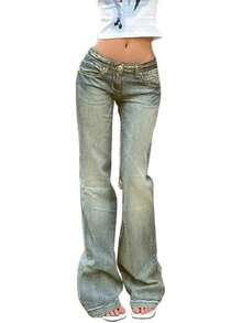 New Fashion Womens Denim Flare Leg Jeans 90s Low Rise Vintage Pants Club Street Style Hot  S M L - D - 查看 2