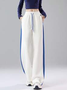 JUTU 条纹宽松白蓝拼接直筒裤，垂坠喇叭裤，复古街头风，春秋款 - 1A55白拼藍 - 查看 6