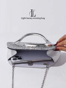 1pc Women's Fashionable Retro Metal Handle Evening Clutch Bag, Luxury Elegant Sparkling Rhinestone Sequin Decor, Metal Details Box-Shaped Bag With Detachable Metal Chain Strap, Suitable For Wedding, Party, Prom, Nightclub, Formal Occasions, Dress Up, Wallet, Evening Bag - Silver - View 8