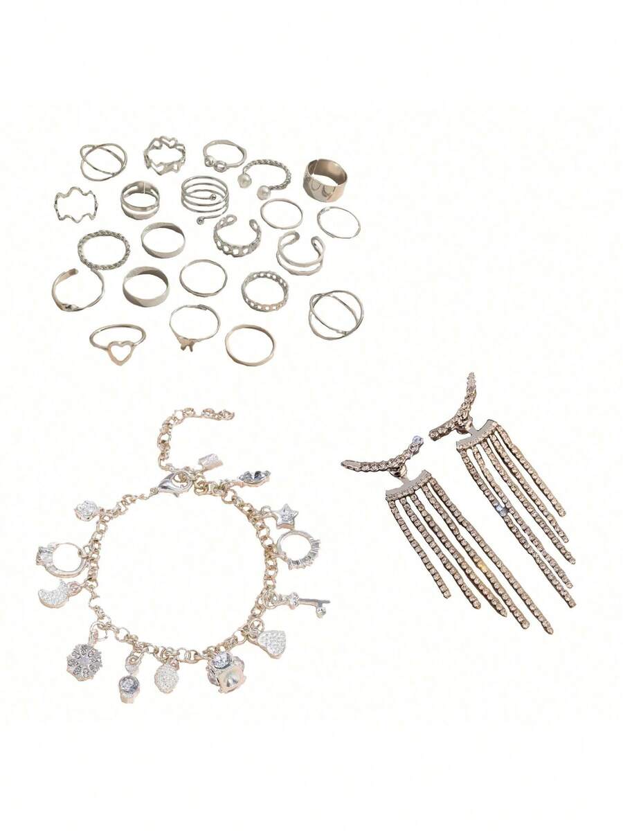 925 Sterling Silver Bracelet For Women Lock Moon Heart Charm Bracelet, Heart Rings And Decorative Faux Pearl With 22 Pieces And Korean Style Women Crystal Long Tassel Earrings Ladies Elegant Rhinestone Dangle Diamond Earrings Jewelry Accessories For Women Earrings Women Jewelry - 銀色 - 查看 1