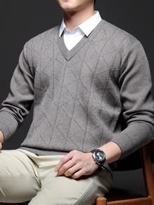 男士厚款V领提花毛衣，休闲商务通勤长袖套头衫，适合分层穿着或外套，秋冬 - 淺灰色 - 查看 9