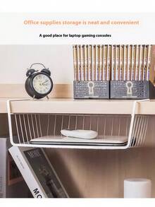 Super life 1pc Space-Saving Hanging Storage Basket - Multi-Functional Storage Rack, Can Be Hung Under Desk, Multi-Layer Storage Rack, Dorm Desk Storage Basket, Kitchen Spice Rack, Extra Large Modern Upright Storage Rack - No Installation Required, Metal Wire Basket, Saves Kitchen, Dorm, Office Space - Easy Open Storage Box, Easy To Install, Kitchen Storage Organizer - White - View 10