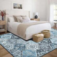 Machine Washable Rugs, Vintage Floral Throw Rugs, Farmhouse Indoor Floor Mat, Easy To Clean, Soft, Non-Slip Low Pile Accent Rug For Living Room, Bedroom, Dining Room, Kitchen - Xám xanh - Xem 3