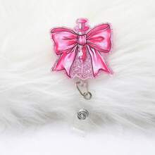 1pc Pink Glitter Floral Printed Bow Stethoscope Needle Tube Shaped Acrylic Retractable Badge Reel With Clip ID Badge Holder Badge Reel Gift For RN LPN CNA Nurse Doctor Assistant Medical Staff