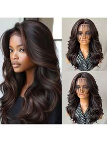 女士多层假发，带刘海，18 英寸红色合成蕾丝前部假发，适合日常使用，13x5x1.5 英寸 T 型假发，渐变棕色非洲式假发