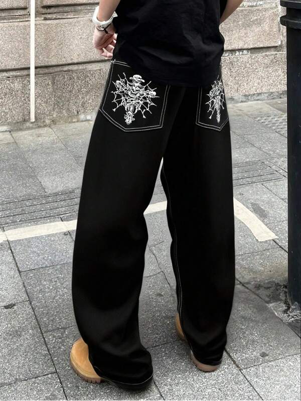 بنطلون جينز بقصة مستقيمة فضفاضة مع جيب خلفي مطبوع، بأسلوب الشارع الأمريكي الكاجوال متعدد الاستخدامات