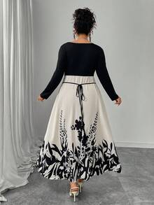 Plus Size Women Square Neckline Water-Print Design Midi Dress - Multicolor - View 2