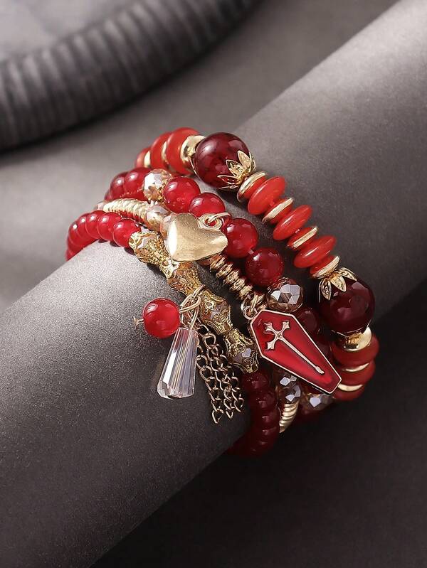 4pcs Vintage Style Red Beaded Bracelet Set, Sword & Heart Pendant Charm, Layered Accessories For Halloween