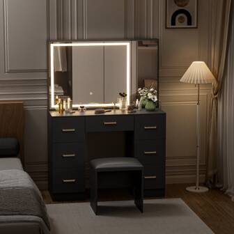 Wooden Vanity Desk With Stool 7-Drawers Wood Dressing Table With Mirror Multi Level Shelf Hidden Cabinet Adjustable Brightness Vanity Table For Makeup Bedroom Home Dressing Room Black