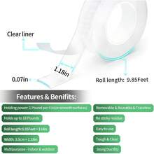 Transparent Double-Sided Adhesive Tape, 9.85 Feet (3 Meters) Extra Strong And Washable, Thin Nano Tape, Removable, No Residue, Non-Slip, Reusable, Adhesive Tape For Carpet, Kitchen, Car, Or Office - 1 - 查看 2