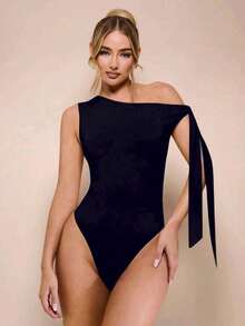 Women's Bodysuit With Tie Bow And Asymmetrical Neckline, Sleeveless, Ideal For Romantic Dates, Casual, Vacation And Summer - 藏蓝色 - 查看 2