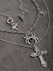 Bộ 3 dây chuyền thánh giá nhện đính đá phong cách Gothic cổ điển, dây chuyền dày hình năm cánh Punk Rock dành cho nữ - Bạc - Xem 4