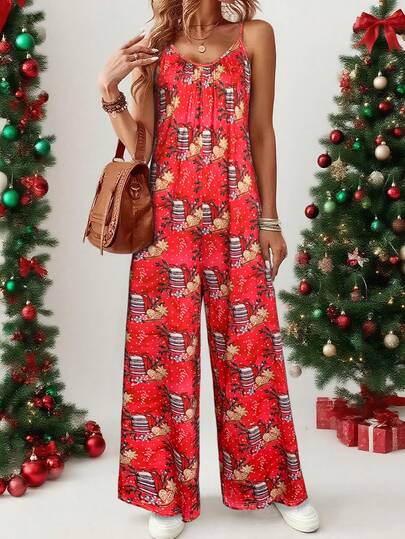 Damen Rot Weihnachts-Muster Romper - Trägerjumpsuit mit weitem Bein und ganzflächigem Feiertags-Muster, festliches Party-Outfit, sexy ärmelloses Hosenanzug für Weihnachts- und Neujahrsfeiern, modische Weihnachtskleidung, lässige Herbstmode für Frauen, Off-Shoulder