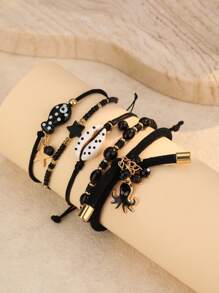 5 件套可爱卡通章鱼壳陶瓷鱼伸缩手链套装，适合女性日常佩戴、度假、户外穿着 - 黑色 - 查看 3