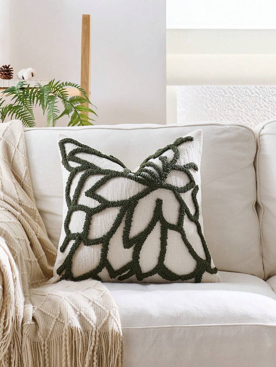 1個北歐INS風刺繡抱枕，沙發床頭枕腰枕，簇絨流蘇窗台坐墊枕，45*45cm，亦適合作為禮物、家居裝飾、房間裝飾、節日裝飾 - 墨綠色 - 查看 1
