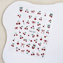 2 Sheets Cherry Blossom Nail Art Stickers - Spring Cherry Pattern With Embossed Crystals, Self-Adhesive Plastic Nail Decor, Glossy French Tip DIY Embellishments, Disposable Casual Style Nail Accessories - 紅色 - 查看 7