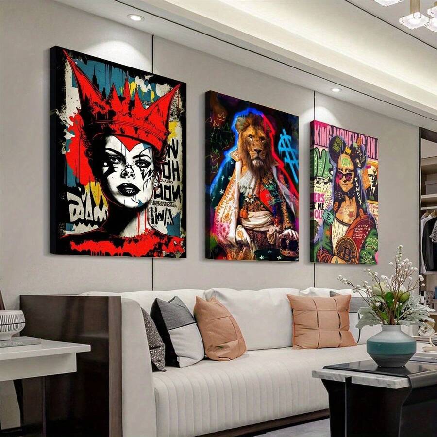 Juego de arte de pared de 3 piezas, impresiones con marco de madera para dormitorio, impresión de una dama con corona, arte vintage, león sosteniendo una corona, arte abstracto, Mona Lisa moderna, arte de garabatos, para oficina, sala de estar, cafetería, bar, decoración de pared para el hogar y la residencia estudiantil