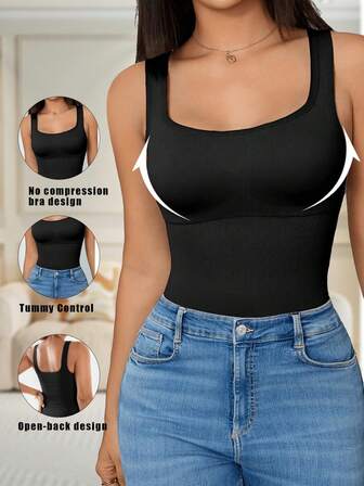 Women's Solid Color Fitted Round Neck Casual Tank Top For Summer Tummy Control