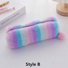 Gradient Color Cute Girl Plush Octagonal Pencil Case, Simple Student Stationery Storage Bag