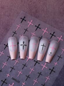 2pcs Gothic Style Nail Stickers, Minimalist Cross Design, Y2K Metallic Black White Pink Gold Color, 3D Self-Adhesive Nail Stickers, DIY Elegant Nail Decor, Women & Girls Nail Art Supplies - Multicolor - View 7