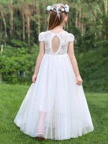 Girls Vintage Chiffon Ruffle Sleeve A-Line Flower Girl Dresses,Wedding Party Long Junior Bridesmaid Dresses For 6-10 Years Old Children