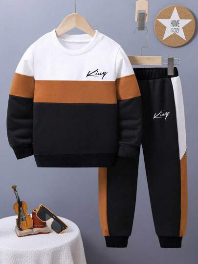 Tween Boys Casual Letter Print Colorblock Crew Neck Sweatshirt And Sports Pants