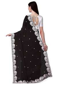 Women's Georgette Embroidery Border Work Designer Saree With Blouse Piece(Black) - Black - View 3