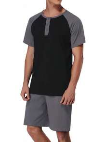 Men's Cotton Pajamas Sets V Neck Lounge Set Sleepwears With Pockethalloween - Black Color Block - View 8