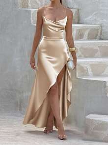 Vestido de fiesta con cuello cuadrado, espalda descubierta y volantes en el bajo, color champán. Vestido de verano elegante adecuado para el Día de San Valentín, citas, reuniones, fiestas, viajes, vacaciones, playa. - Champán - Ver 7