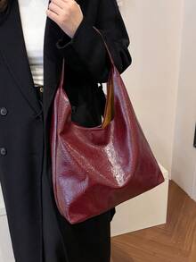 时尚、经典、百搭的女士单肩包，新款夏季勃艮第手提包，简约风格纯色褶皱纹理设计校园手提包，适合大学生日常购物和旅行学生单肩包，时尚勃艮第包