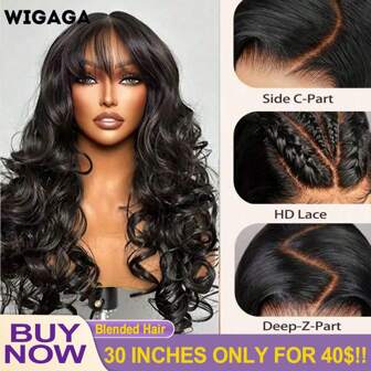 3 秒即可佩戴 34 英寸 5x5 无胶透明蕾丝刘海假发 - 女士自然无胶蓬松卷发混合假发，带隐形蕾丝和自然发际线 - 非常适合日常和节日佩戴