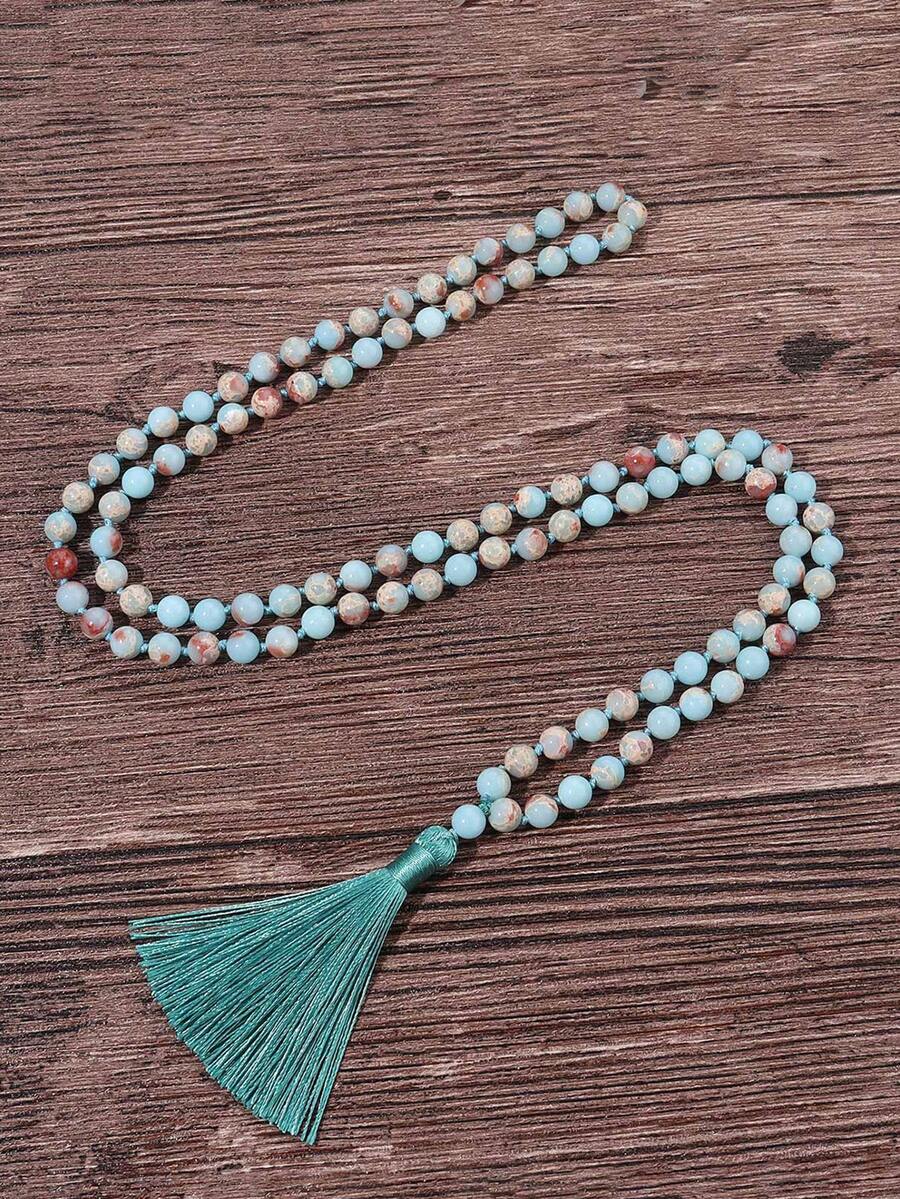1 chiếc vòng cổ dài đính hạt trang trí Boho tua rua thắt nút 108 hạt Mala đá quý dùng để thiền yoga cầu nguyện tràng hạt trang sức cho phụ nữ khi đi nghỉ - Màu xanh nhạt - Xem 1