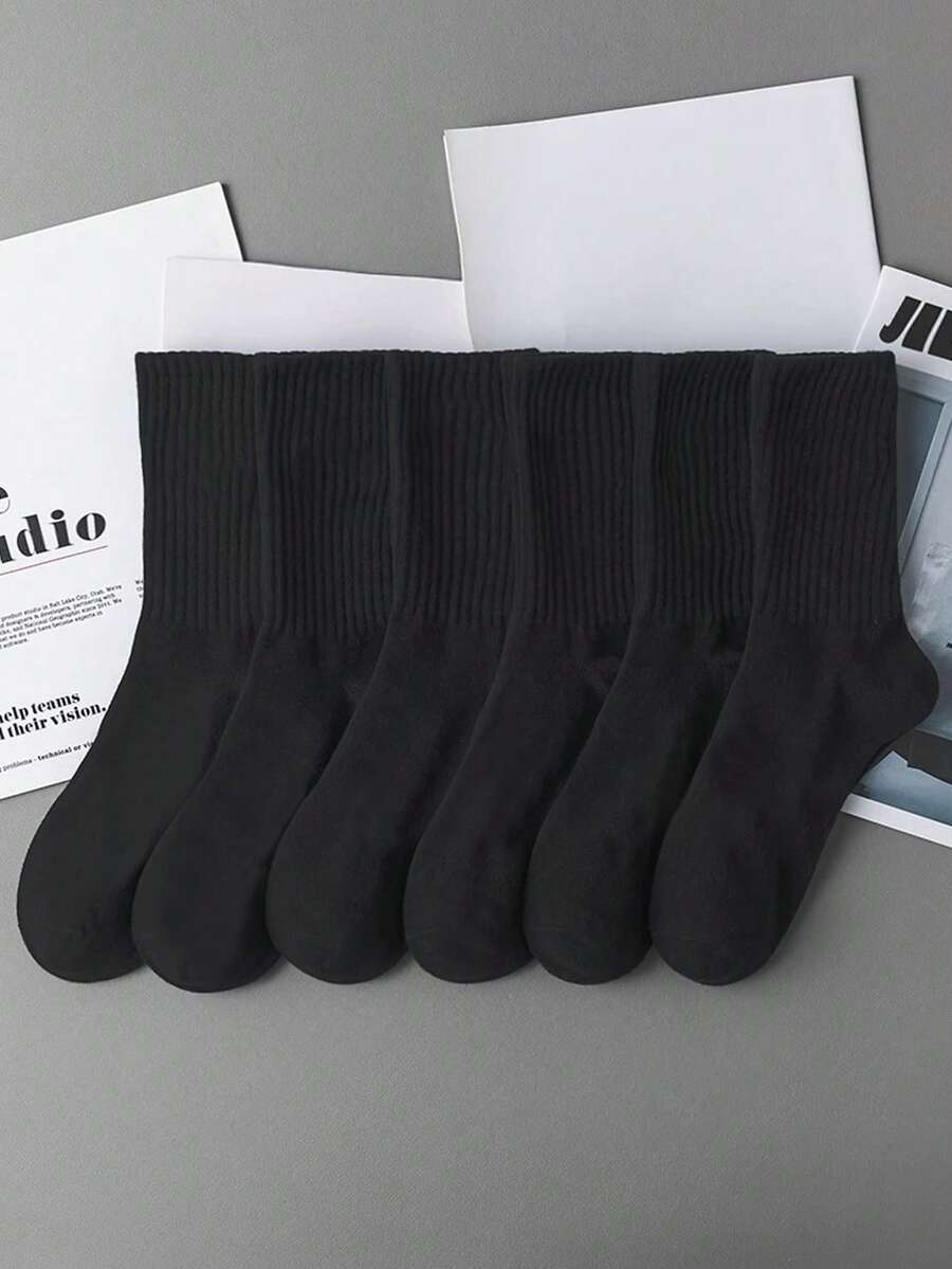 6 Pairs Kids Unisex Black High Elastic Sports Solid Color Mid-Calf Socks, Student Socks, Autumn/Winter
