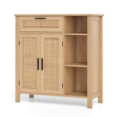  GOFLAME Buffet Sideboard, Boho Storage Cabinet With Rattan Woven Doors, Accent Cabinet With Drawer, Adjustable Shelf & Open Cubbies For Kitchen, Dining Room, Living Room, Hallway, Natural