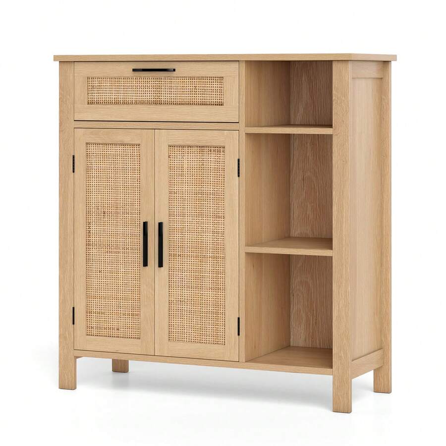 GOFLAME Buffet Sideboard, Boho Storage Cabinet With Rattan Woven Doors, Accent Cabinet With Drawer, Adjustable Shelf & Open Cubbies For Kitchen, Dining Room, Living Room, Hallway, Natural - Khaki - View 1
