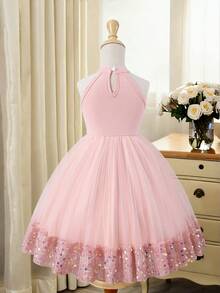 女童优雅纯色亮片网眼连衣裙，春夏 - 粉色 - 查看 2