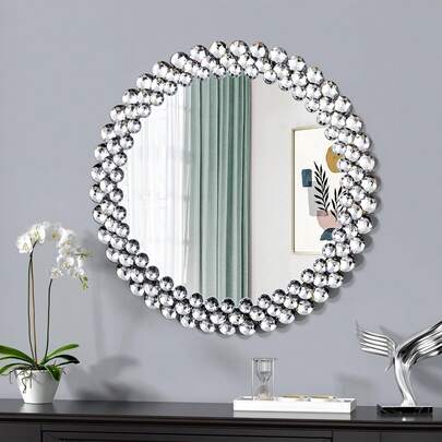 23.2 X 23.2 Inch (59 X 59 Cm) Silver Round Crystal Mirror Wall Decor For Bedroom, Living Room