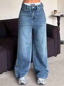 Women's Flared Leg Split Hem Design Jeans - Medium Wash - View 2