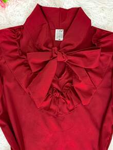 SHORT SLEEVE PUFFED DRESS TOP WITH RUFFLE AND BOW, WOMEN'S FASHION - Burgundy - View 4