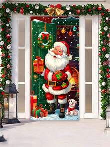 1 bandeira decorativa de porta com tema natalino, 78 x 156 cm, estilo retrô plano 2D, tema de boneco de neve, tema de Papai Noel entregando presentes, bandeira de porta de poliéster "Feliz Natal", capa de porta de Natal, adequada para decoração de entrada de feriados de Natal, decoração de casa e quintal de inverno, bandeira de festival de Natal - Multicolorido - Ver 3