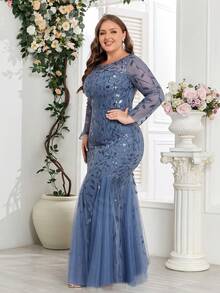 大码美人鱼刺绣花卉亮片礼服，优雅长袖正式晚宴婚礼宾客礼服，适合毕业典礼、晚宴、派对等各种场合，四季皆宜。 - 霧霾藍 - 查看 7