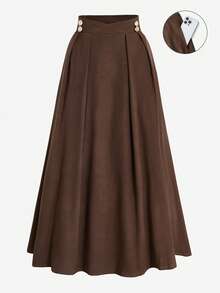 女士高腰纯色百褶A字裙，适合通勤 - 咖啡棕 - 查看 7