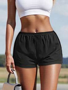 Women's Summer Drawstring Shorts Solid Color Low Waist Casual Breathable Short Pants - màu đen - Xem 5