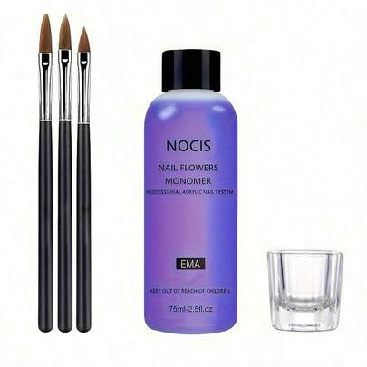 75毫升 NOCIS 丙烯酸液体单体套装 - 专业无香型美甲延长系统，含3支美甲刷和玻璃调色碟，适用于丙烯酸按压式美甲