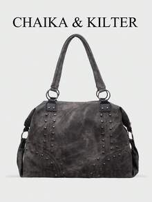 CHAIKA & KILTER 1pc Solid Color PU Fabric Shoulder Bag, Women's Vintage Casual Large Capacity Tote Bag, College Student Book Bag, Stitching Rivet Decor Dual Handle Design, Zipper Closure, Suitable For Daily Shopping, New Arrival Tote Bags For Woman , Office Bag